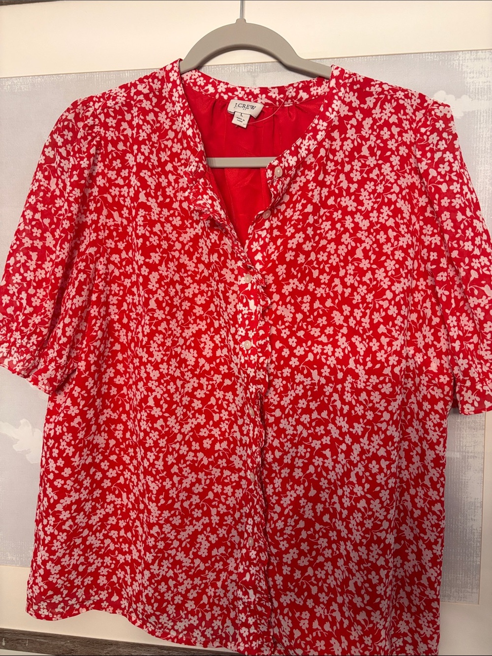 J. Crew Red and White Floral Short-Sleeve Blouse